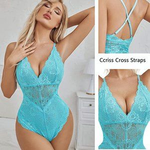 Snap Crotch Lingerie Sexy Lace Bodysuit Deep V Teddy One Piece Lace Babydoll sky